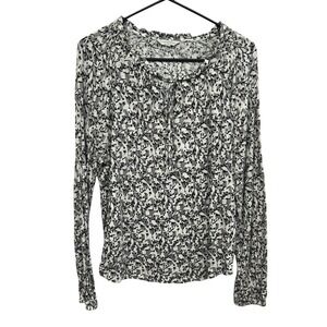 Lucky Brand Gray Black Tie Neck Blouse L Boho Indie Vintage Inspired Long Sleeve